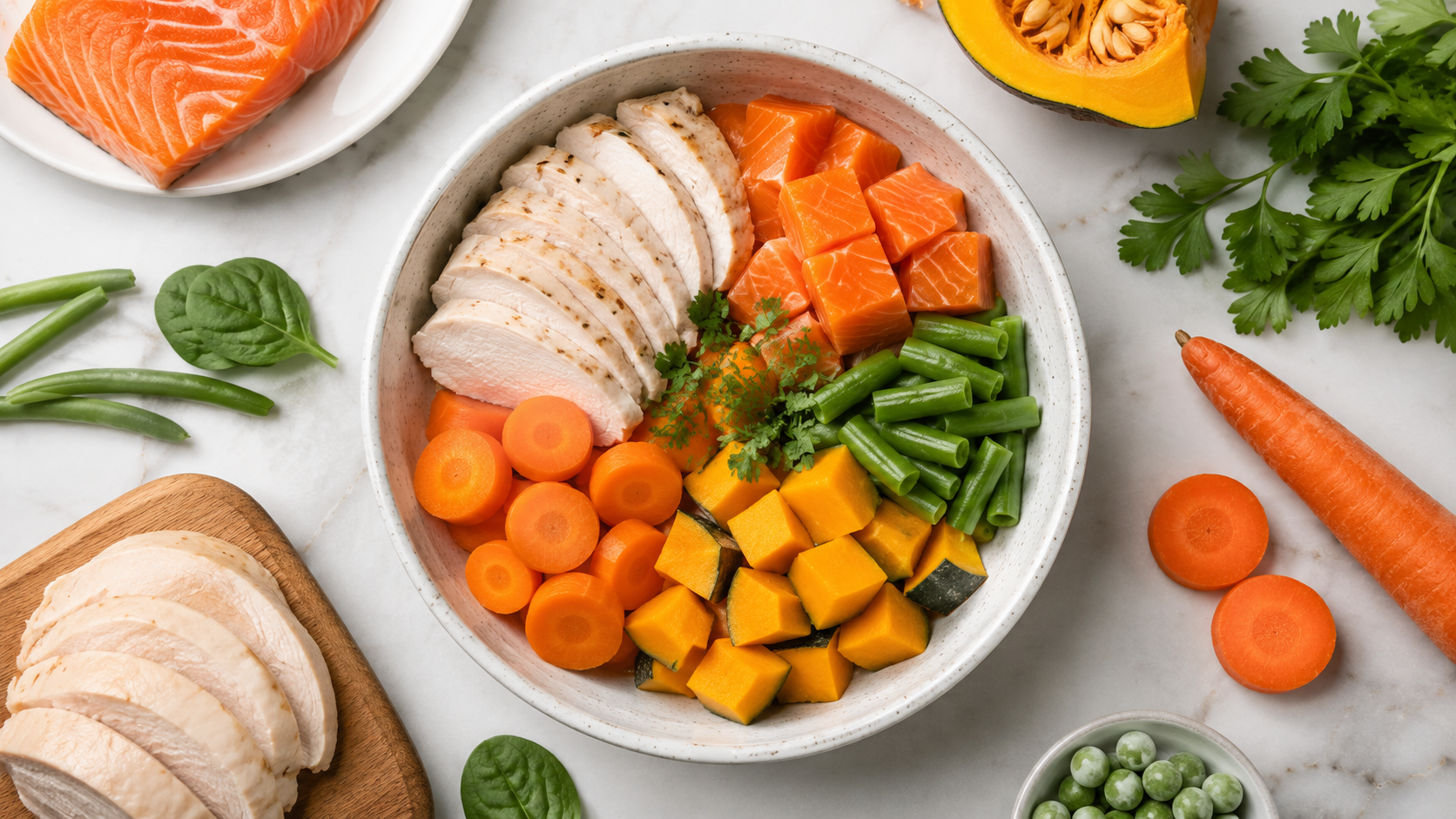 Fresh ingredients for homemade pet food — chicken, salmon, vegetables